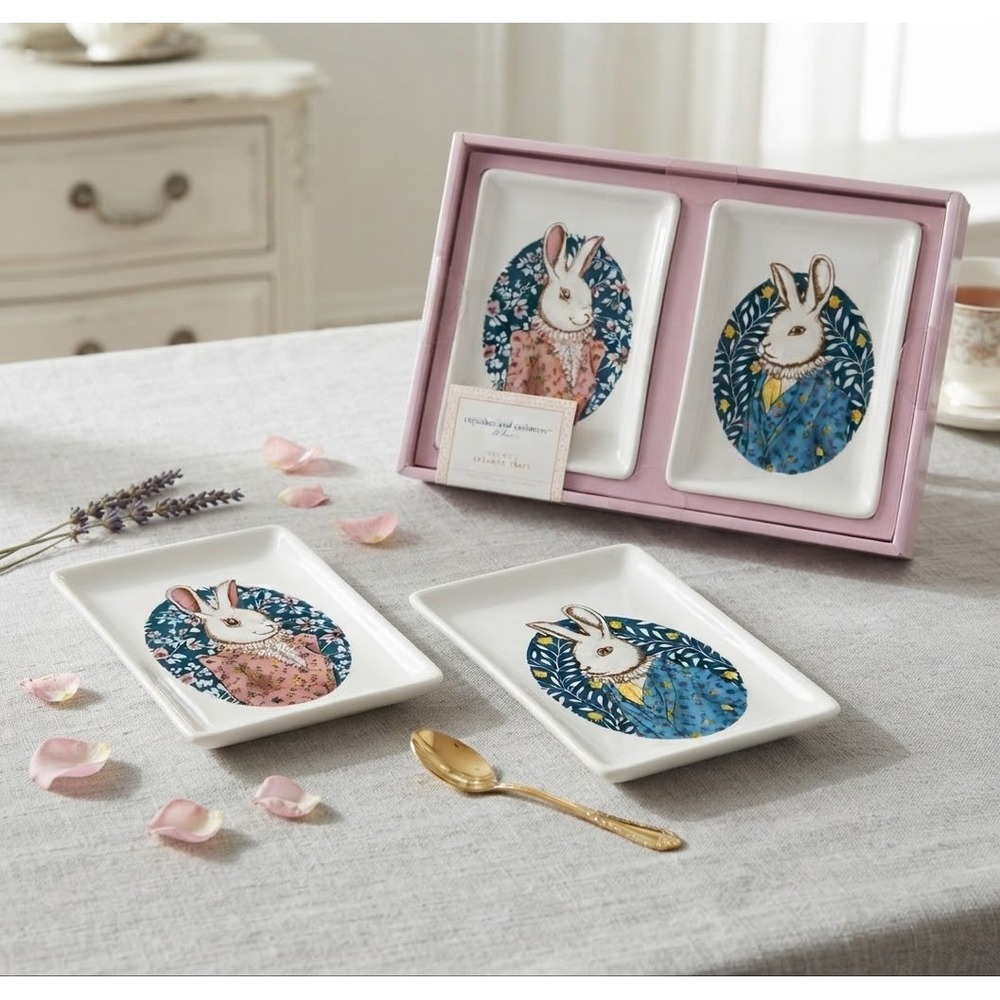 Cupcakes and Cashmere Set Of 2 Rabbit Ceramic Trays New In Box Easter